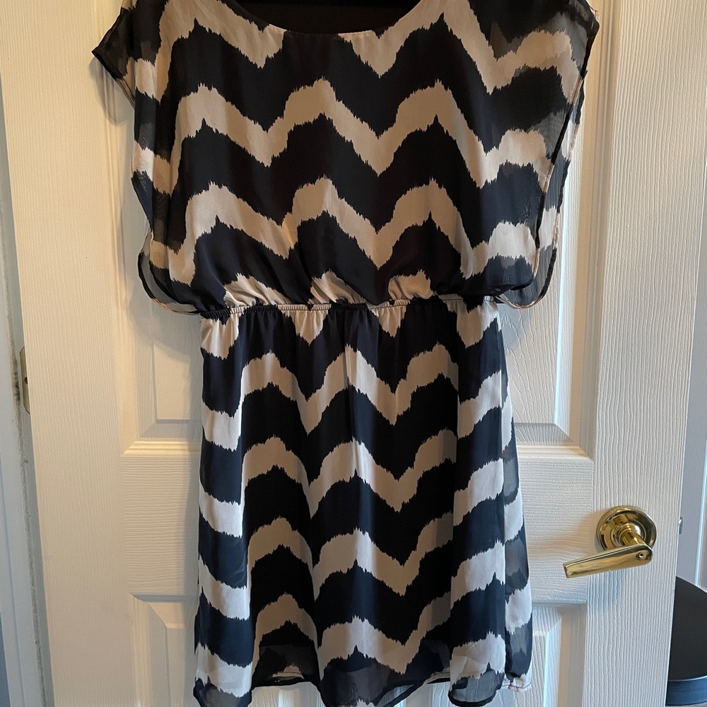 Navy blue and cream cinch waist dress